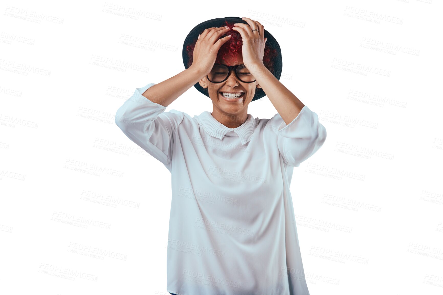 Buy stock photo Fashion, laughing and woman with glasses happy on isolated, png and transparent background. Confidence, humor and person with red hair in stylish outfit, trendy accessories and casual clothes