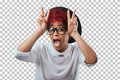 Buy stock photo Fashion, peace sign and portrait of woman with bunny ears on isolated, png and transparent background. Emoji, glasses and face of excited person in stylish outfit, trendy accessories or hipster style