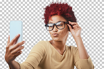 Buy stock photo Fashion, selfie or trendy black woman with glasses, edgy style or cool clothes transparent png background. Person, picture post or isolated casual girl influencer in photo with eyewear or confidence