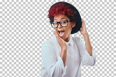 Buy stock photo Fashion, surprise and portrait of woman with shock on isolated, png and transparent background. Attractive, emoji reaction and face of happy person excited for good news, winning and announcement
