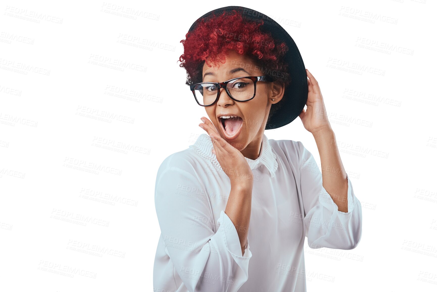 Buy stock photo Fashion, surprise and portrait of woman with shock on isolated, png and transparent background. Attractive, emoji reaction and face of happy person excited for good news, winning and announcement