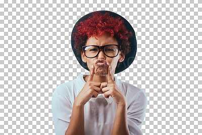 Buy stock photo Woman, funny face and kiss lips for fashion, red hair and glasses isolated on png transparent background. Funky, goofy and silly with facial expression, fedora and eyewear for style in portrait