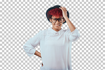 Buy stock photo Fashion, hipster and face of woman with glasses and hat isolated on transparent, png background Confidence, cool and person with red hair in stylish clothes, trendy accessories and casual outfit