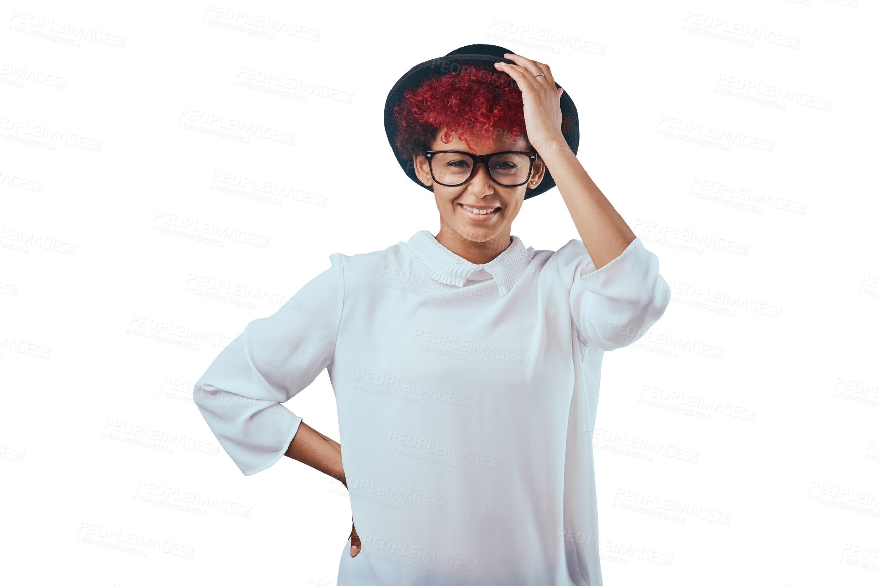 Buy stock photo Fashion, hipster and face of woman with glasses and hat isolated on transparent, png background Confidence, cool and person with red hair in stylish clothes, trendy accessories and casual outfit