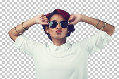 Buy stock photo Fashion, pout and face of woman with sunglasses on isolated, png and transparent background. Confidence, beauty and person with red hair in stylish clothes, trendy accessories and casual clothes