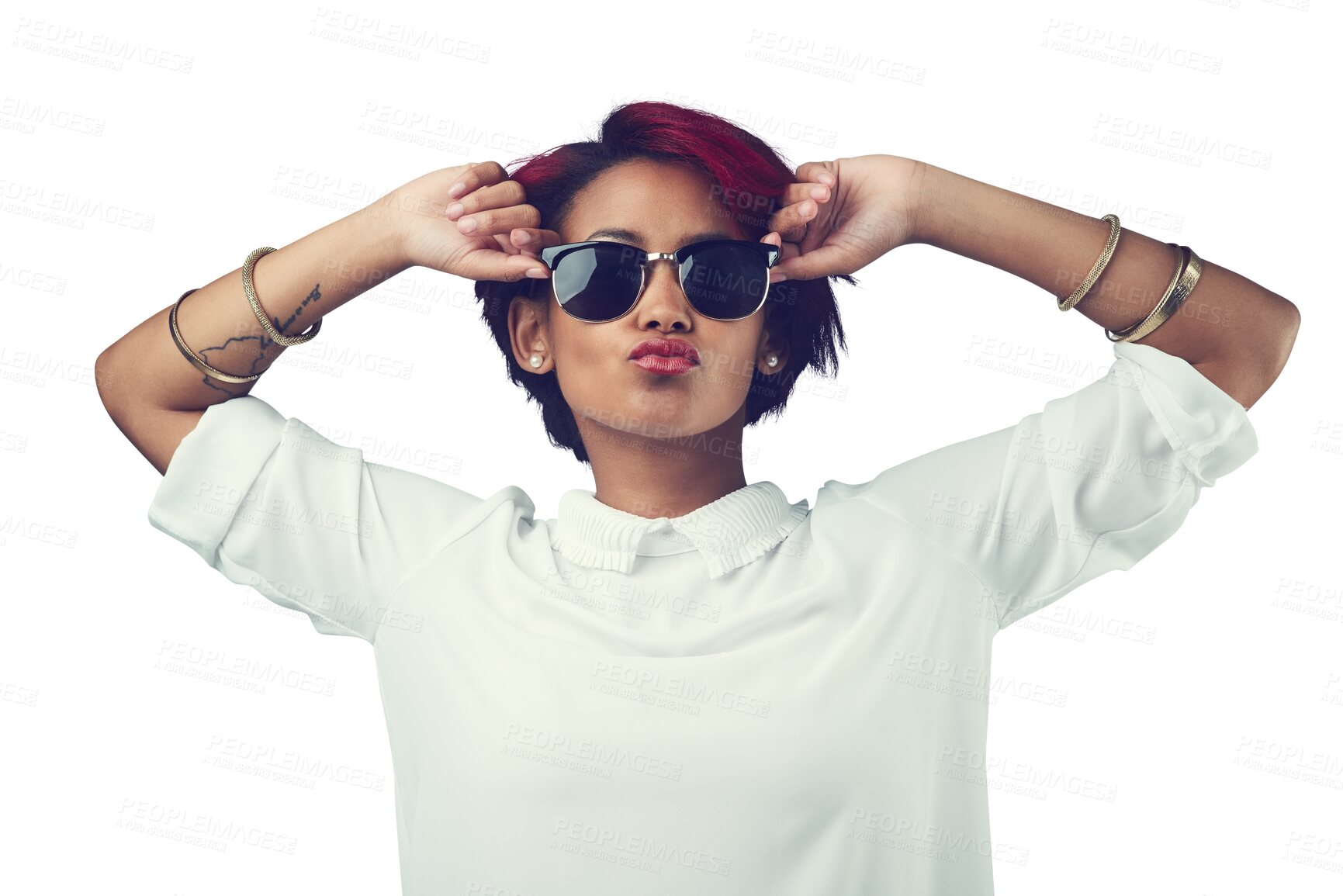 Buy stock photo Fashion, pout and face of woman with sunglasses on isolated, png and transparent background. Confidence, beauty and person with red hair in stylish clothes, trendy accessories and casual clothes