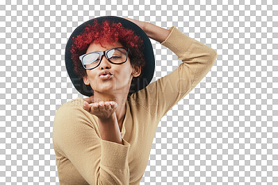 Buy stock photo Fashion, blow kiss and portrait of black woman with glasses isolated on transparent png background. Hat, confident and face of female person in stylish outfit, trendy accessories and casual clothes