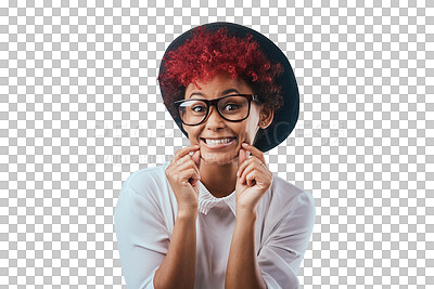 Buy stock photo Fashion, happy and portrait of woman with glasses on isolated, png and transparent background Confidence, humor and person with red hair in stylish outfit, trendy accessories and casual clothes