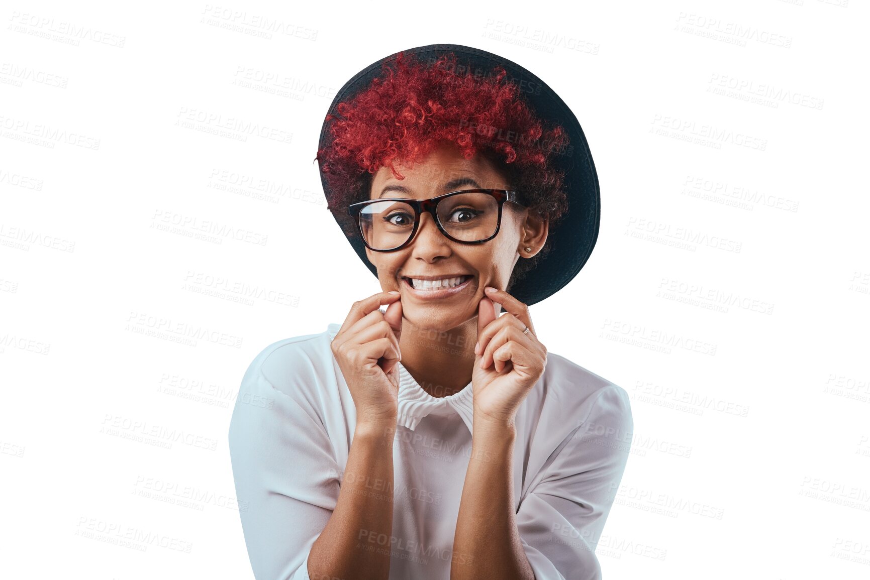 Buy stock photo Fashion, happy and portrait of woman with glasses on isolated, png and transparent background Confidence, humor and person with red hair in stylish outfit, trendy accessories and casual clothes