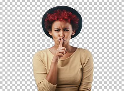 Buy stock photo Secret, finger to lips and woman in portrait for drama, private or confidential with news on png transparent background. Gossip, privacy and warning, hand gesture and model with emoji or whisper