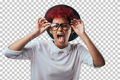 Buy stock photo Shout, screaming and portrait of woman with shock on isolated, png and transparent background. Attractive, emoji reaction and face of person excited for good news, winning and discount announcement