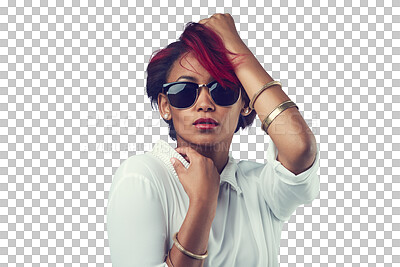 Buy stock photo Fashion, confident and face of woman with sunglasses on isolated, png and transparent background. Attractive, attitude and person with red hair in stylish outfit, trendy accessories or casual clothes