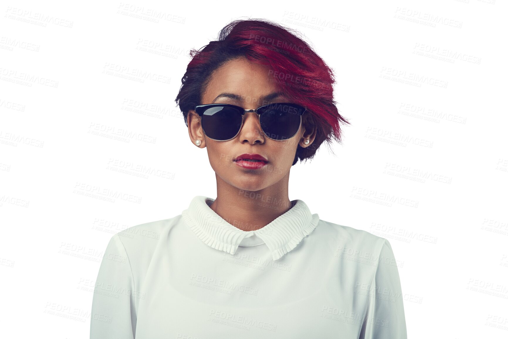Buy stock photo Fashion, confidence and portrait of woman with sunglasses on isolated, png and transparent background. Serious, beauty and face of person with trendy hairstyle, stylish accessories and casual clothes
