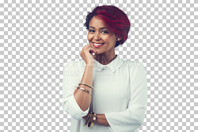Buy stock photo Smile, business and portrait of woman with confidence, creative and isolated on transparent png background. Entrepreneur, designer or young professional with ambition, pride or happy face of girl