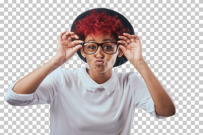 Buy stock photo Woman, glasses and fashion with kiss lips in portrait, vision a designer frame for style and red hair isolated on png transparent background. Spectacles, eye care and goofy face with pout and fedora