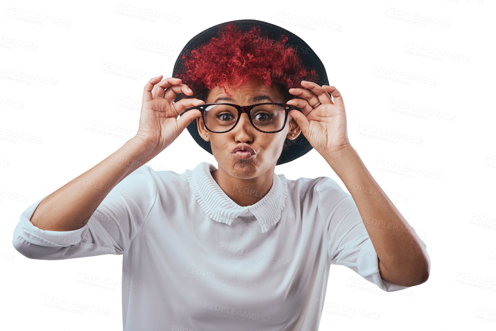 Buy stock photo Woman, glasses and fashion with kiss lips in portrait, vision a designer frame for style and red hair isolated on png transparent background. Spectacles, eye care and goofy face with pout and fedora