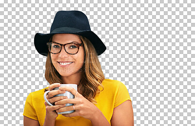 Buy stock photo Woman, coffee and smile with glasses, portrait and hat for happiness and casual style. Model, alone and trendy fashionable outfit with cool elegant look Isolated on a transparent, png background