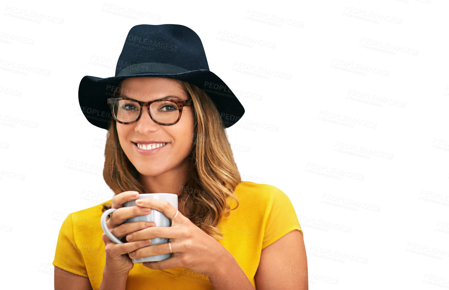 Buy stock photo Woman, coffee and smile with glasses, portrait and hat for happiness and casual style. Model, alone and trendy fashionable outfit with cool elegant look Isolated on a transparent, png background