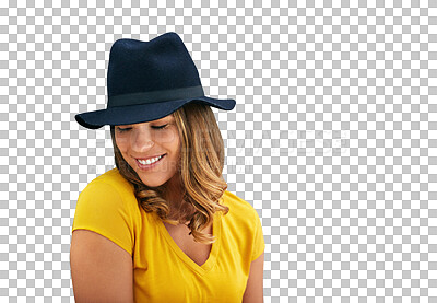 Buy stock photo Woman, hat and smile with face, fashion and confidence with happiness and casual style. Model, accessories and trendy fashionable outfit with modern look isolated on a transparent, png background