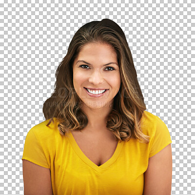 Buy stock photo Face, smile and woman with beauty, hair with highlights and treatment with positivity isolated on png transparent background. Happiness, portrait and Mexican model with haircare, skin and shine