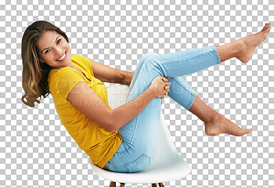 Buy stock photo Happy, fashion and portrait of woman with chair on isolated, PNG and transparent background. Sitting, laughing and person with confidence and pride in trendy clothes, modern style and casual outfit