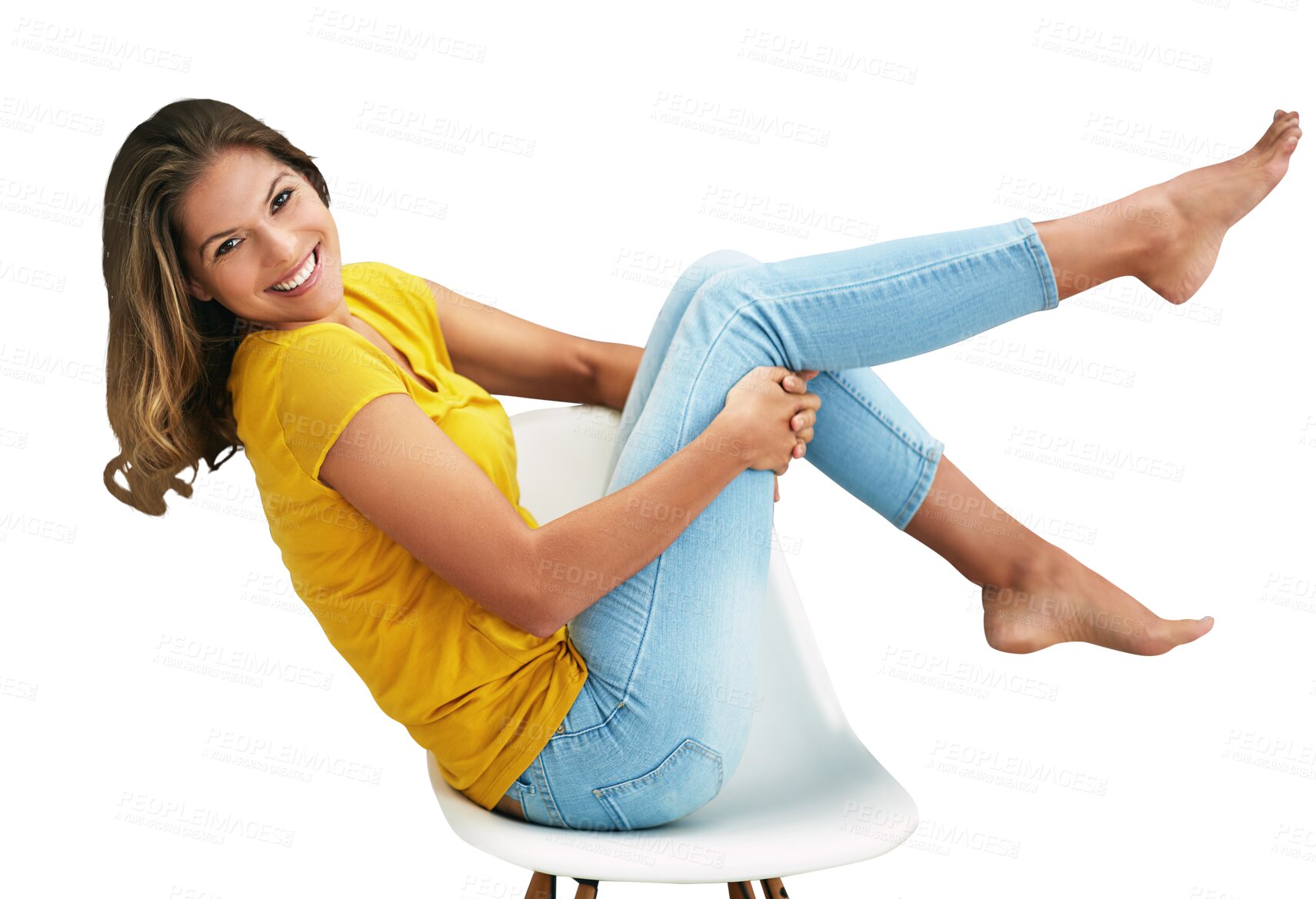 Buy stock photo Happy, fashion and portrait of woman with chair on isolated, PNG and transparent background. Sitting, laughing and person with confidence and pride in trendy clothes, modern style and casual outfit