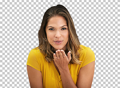 Buy stock photo Woman, portrait and blowing kiss for love and romance, affection or flirting isolated on png transparent background. Lips, hand and gesture with emoji for air smooch, Mexican model and Valentines day