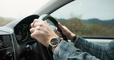 Married man, hands and driving vehicle for travel, road trip or outdoor transportation in the countryside. Closeup of male person, wedding ring and car steering wheel for holiday getaway or adventure