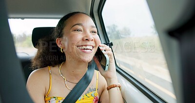 Woman, phone call and road trip in car with laugh, chat or conversation by window, journey or travel. Girl, smartphone and talking with thinking, funny story and street for transportation on holiday