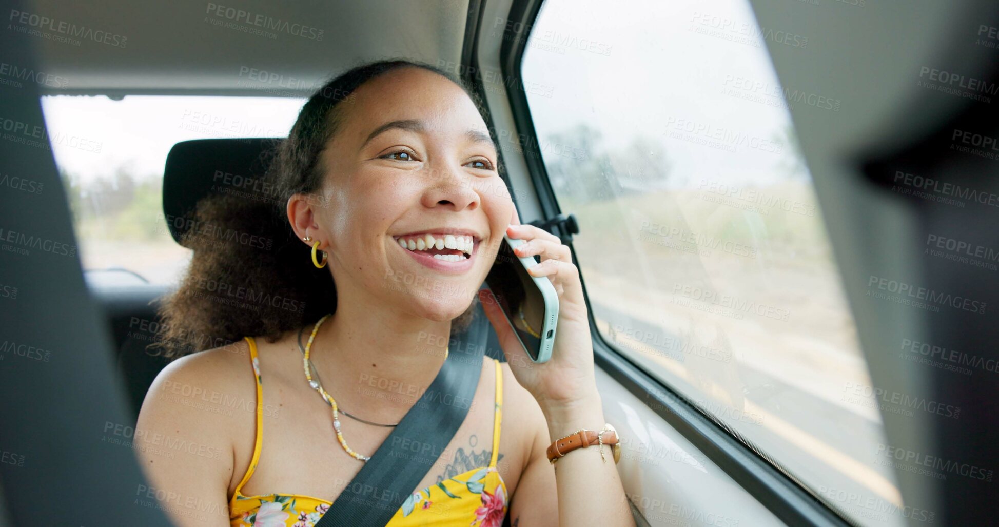 Buy stock photo Woman, phone call and road trip in car with laugh, chat or conversation by window, journey or travel. Girl, smartphone and talking with thinking, funny story and street for transportation on holiday