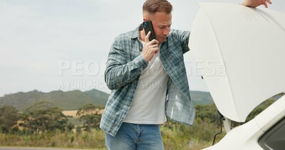 Frustrated man, phone call and car trouble for problem solving, communication or road side assistance. Male person talking to mechanical engineer on sidewalk for vehicle breakdown in countryside