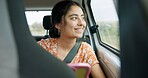 Woman, smartphone and road trip in car with laugh, meme and comic video on internet on road for travel. Girl, phone and reading in vehicle with funny blog, social media post or story with transport