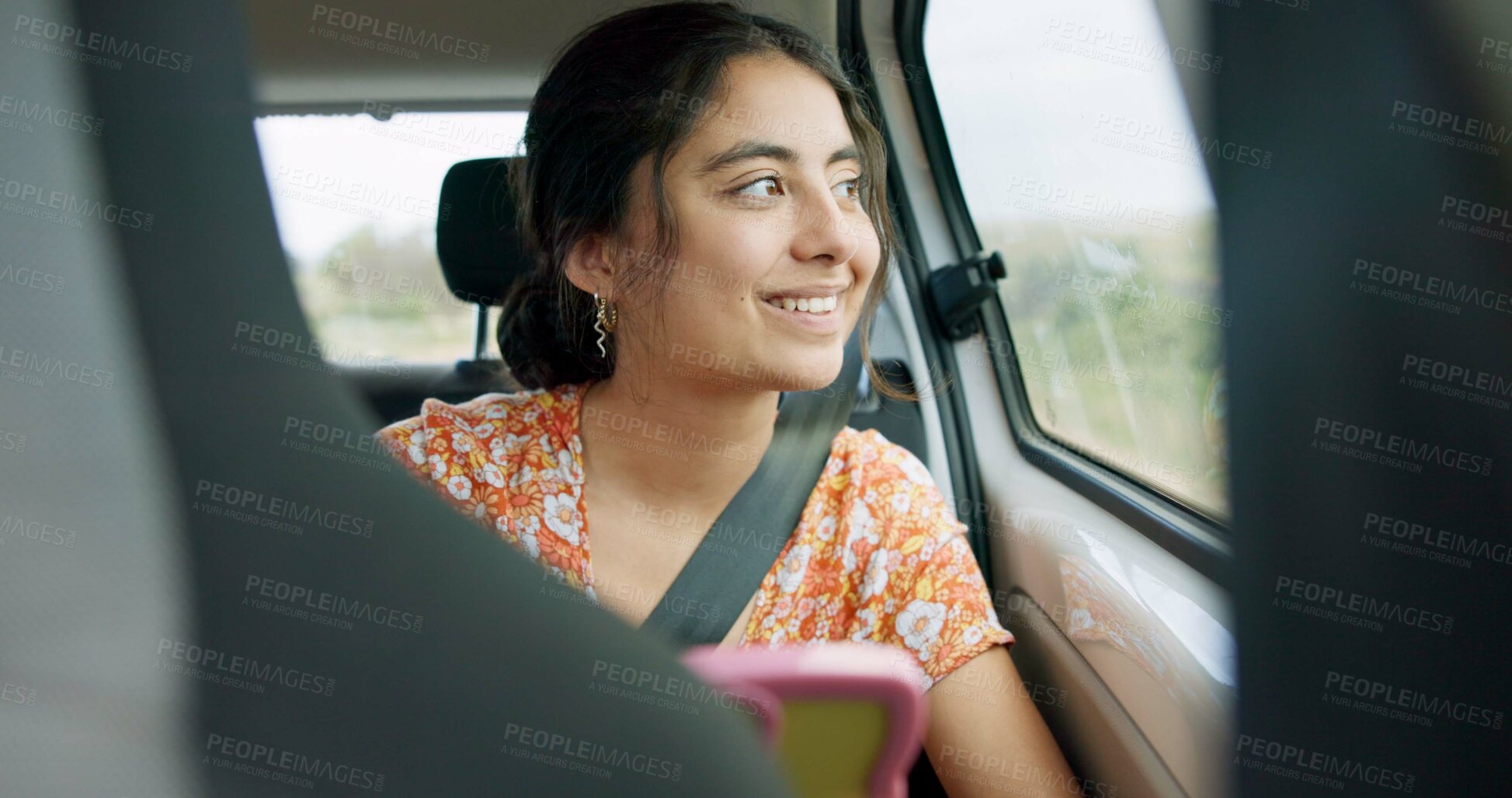 Buy stock photo Woman, smartphone and road trip in car with laugh, meme and comic video on internet on road for travel. Girl, phone and reading in vehicle with funny blog, social media post or story with transport
