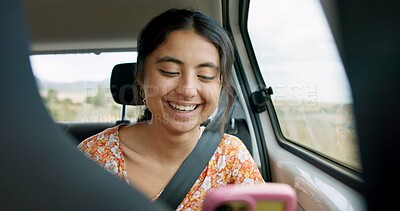 Woman, phone and road trip in car with laugh, meme and comic video on internet on road for travel. Girl, smartphone and reading in vehicle with funny blog, social media post or story with transport