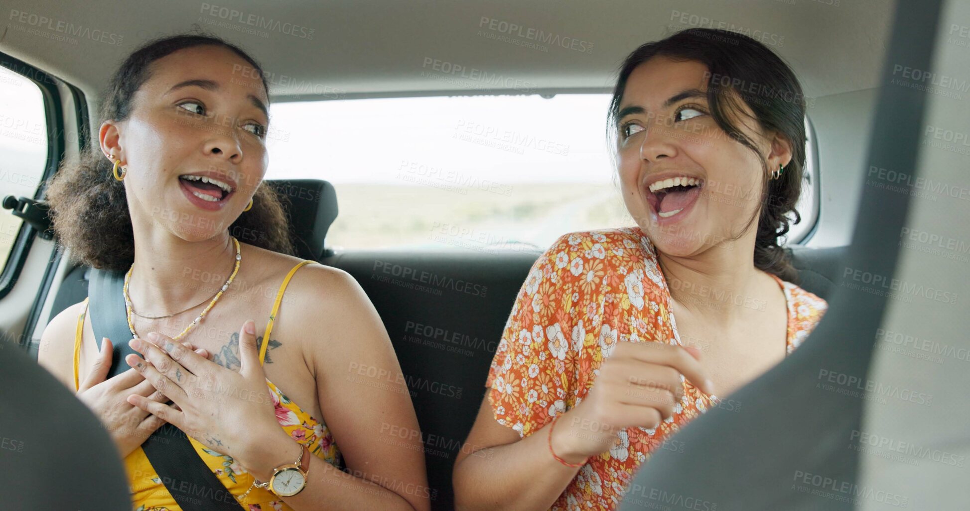 Buy stock photo Woman, friends and singing on road trip, car and dancing with smile, sound and radio on holiday. Girl, dancer and happy with singalong, karaoke and carpool with driving, noise and listening to music