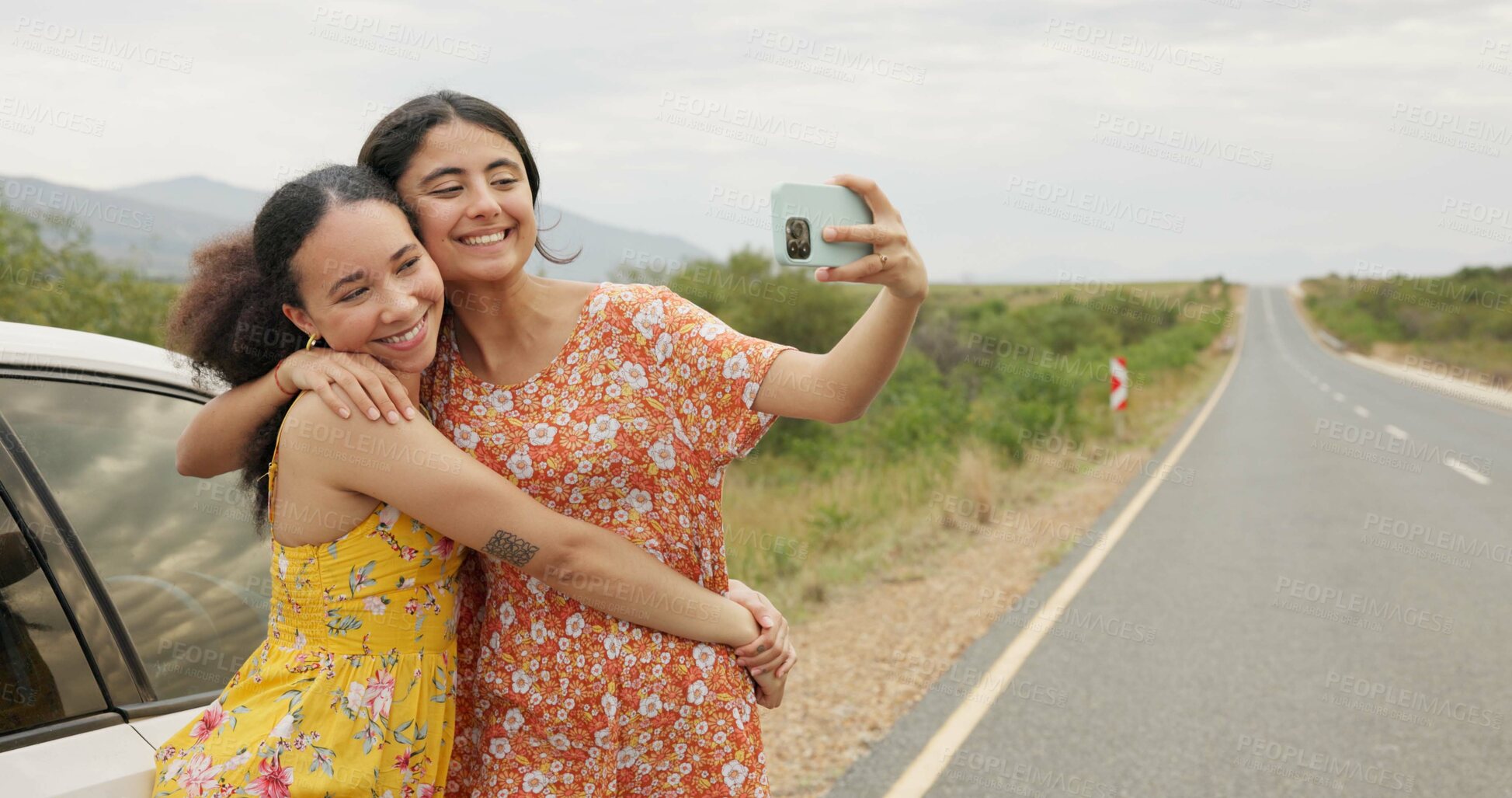 Buy stock photo Women, friends and selfie by car on road trip with memory, profile picture and happy with kiss in countryside. Girl, photography and together with hug, bonding and care for post on social network
