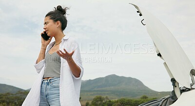 Frustrated woman, phone call and car trouble for problem solving, communication or road side assistance. Female person talking to mechanical engineer on sidewalk with vehicle breakdown in countryside
