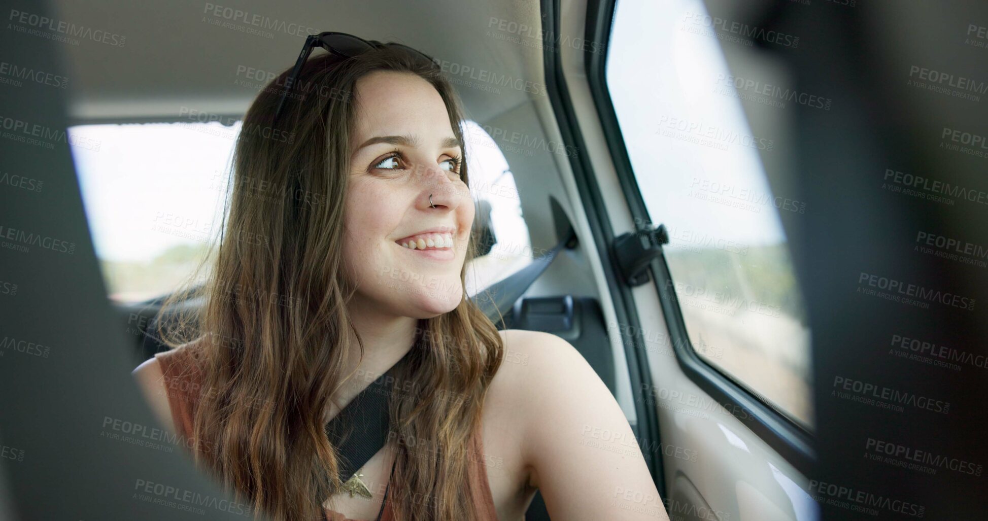 Buy stock photo Thinking, smile and young woman in a car on a road trip for adventure, journey or vacation. Happy, reflection and female person from Australia with memory by window in vehicle for holiday transport.