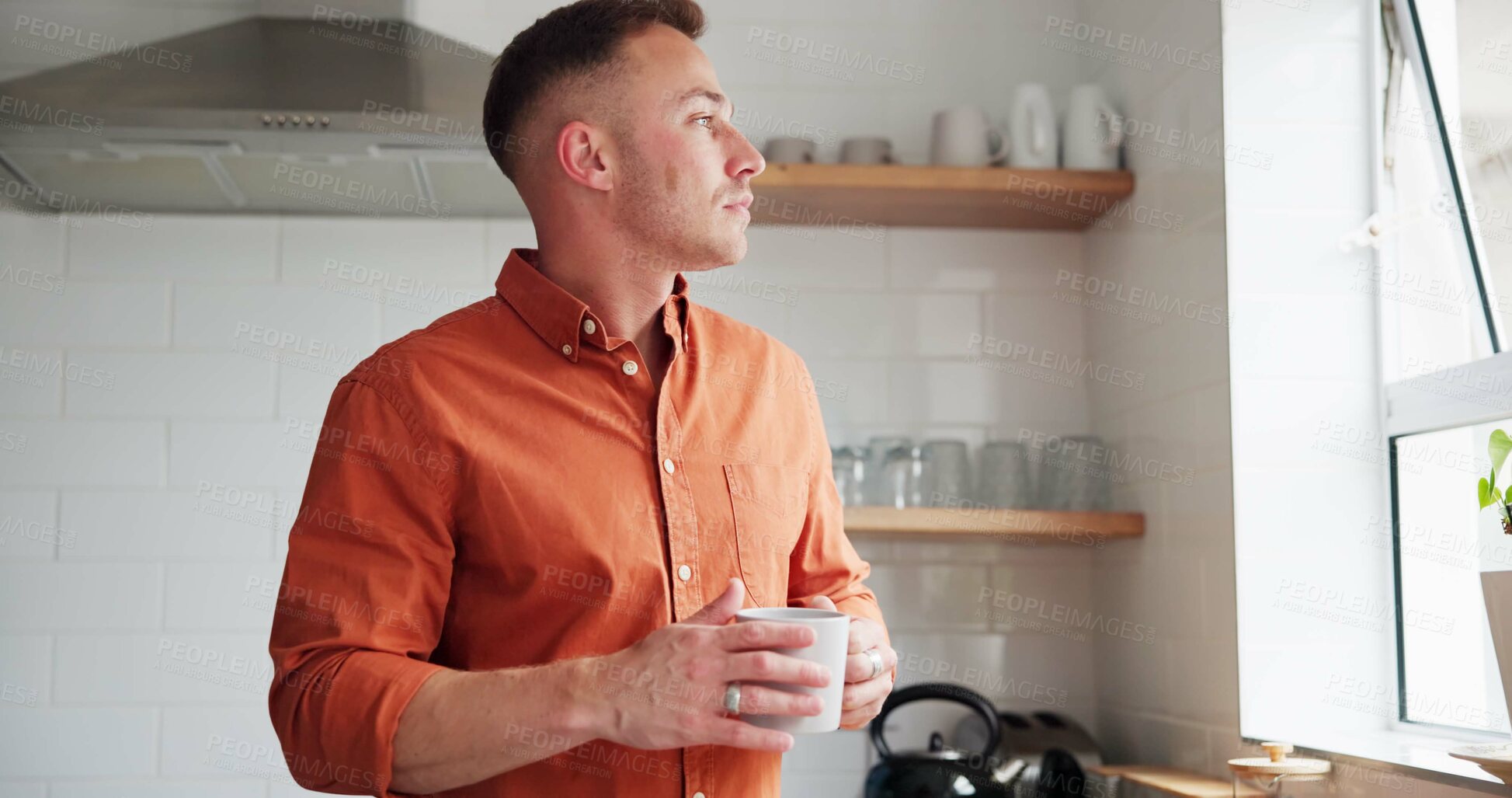 Buy stock photo Man, drinking coffee and daydreaming or thinking at home, peace and relaxing or calm in kitchen. Male person, beverage and hot tea for comfort, window and reflection or inspiration and mug for future