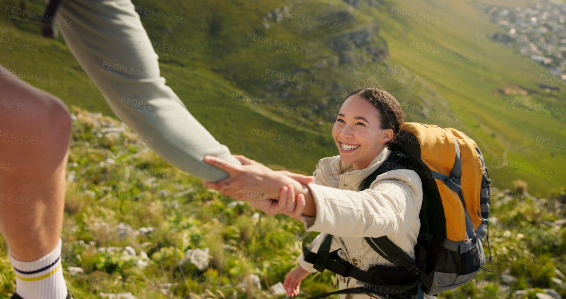 Buy stock photo Couple of friends hiking, helping on mountain for rock climbing, adventure and travel with fitness or training. Young people, man and woman in backpack with trekking support and journey in nature