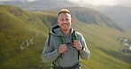 Happy man, face and backpack with mountain for hiking, adventure or outdoor journey in nature. Portrait of male person, tourist or hiker smile with bag for trekking or climbing on cliff or hills