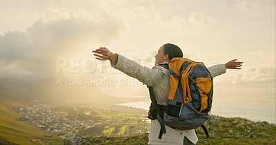 Woman, mountains and freedom, celebration or excited for hiking goals, travel achievement and adventure in nature. Person or winner with backpack, yes and gratitude for trekking success and cityscape