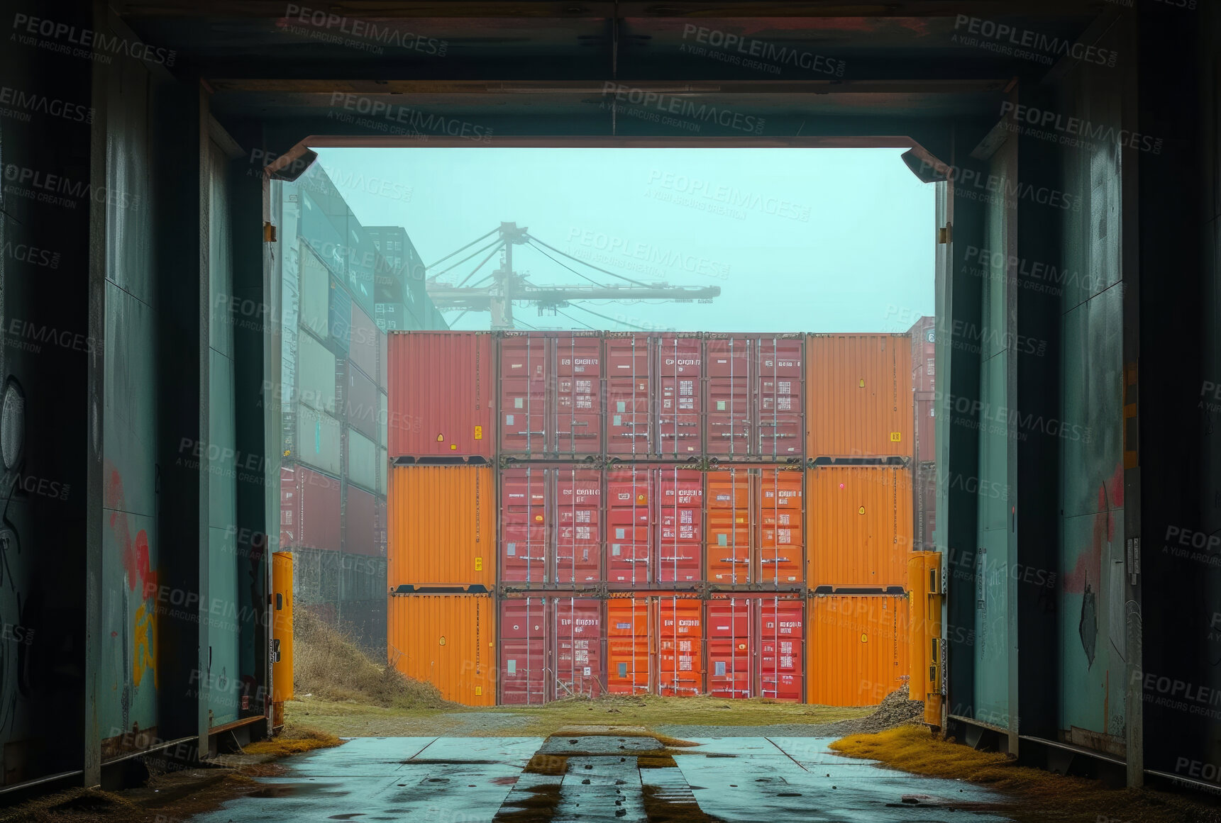 Buy stock photo Cargo ship, harbour and container for trade, transport, and economics. Freight, long journey and export for global delivery. Goods, services and stock for distribution to international market.