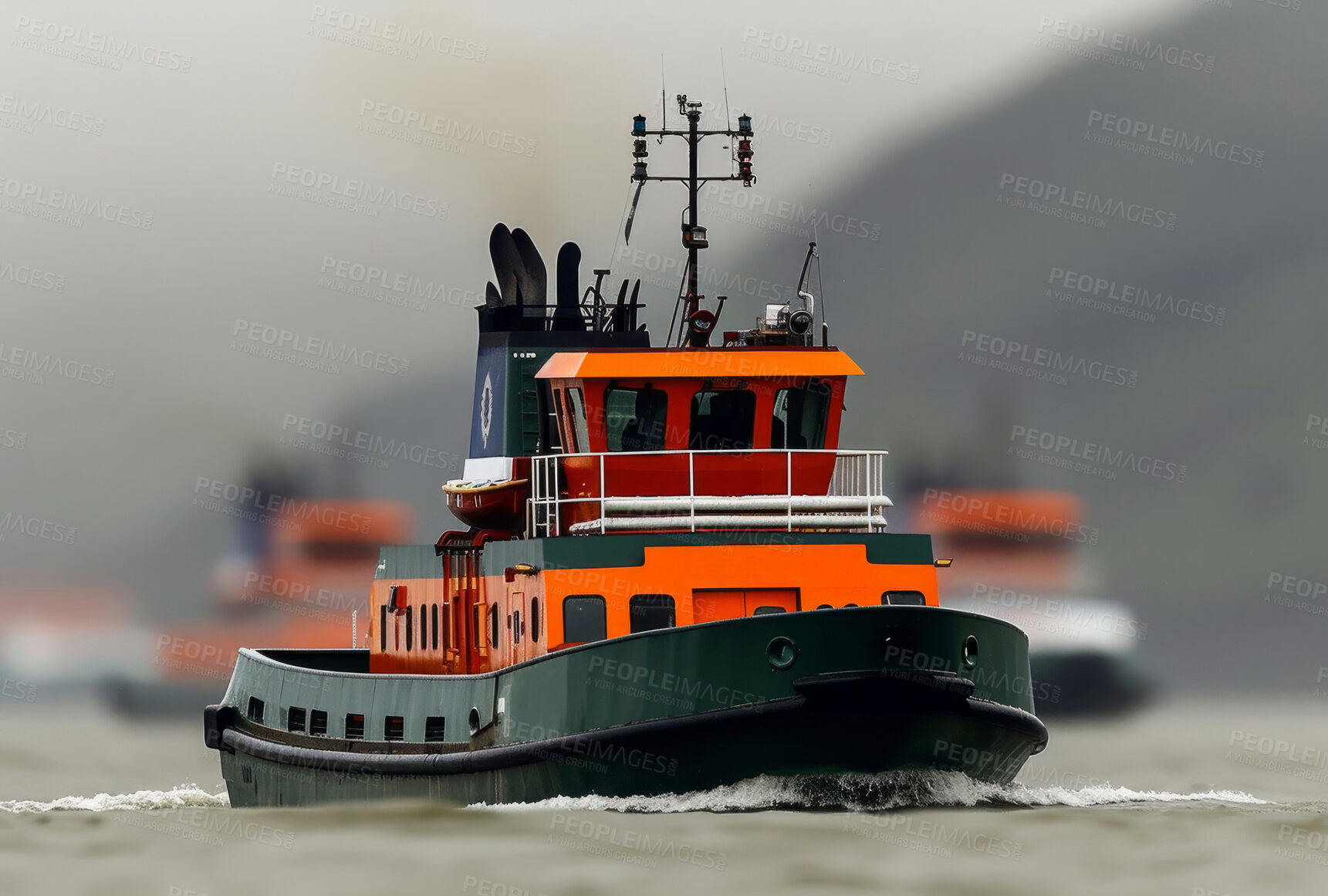 Buy stock photo Port Boat, harbour and container for towing, transport, and economics. Freight, assistance and export for global delivery. Goods, services and stock for distribution to international market.