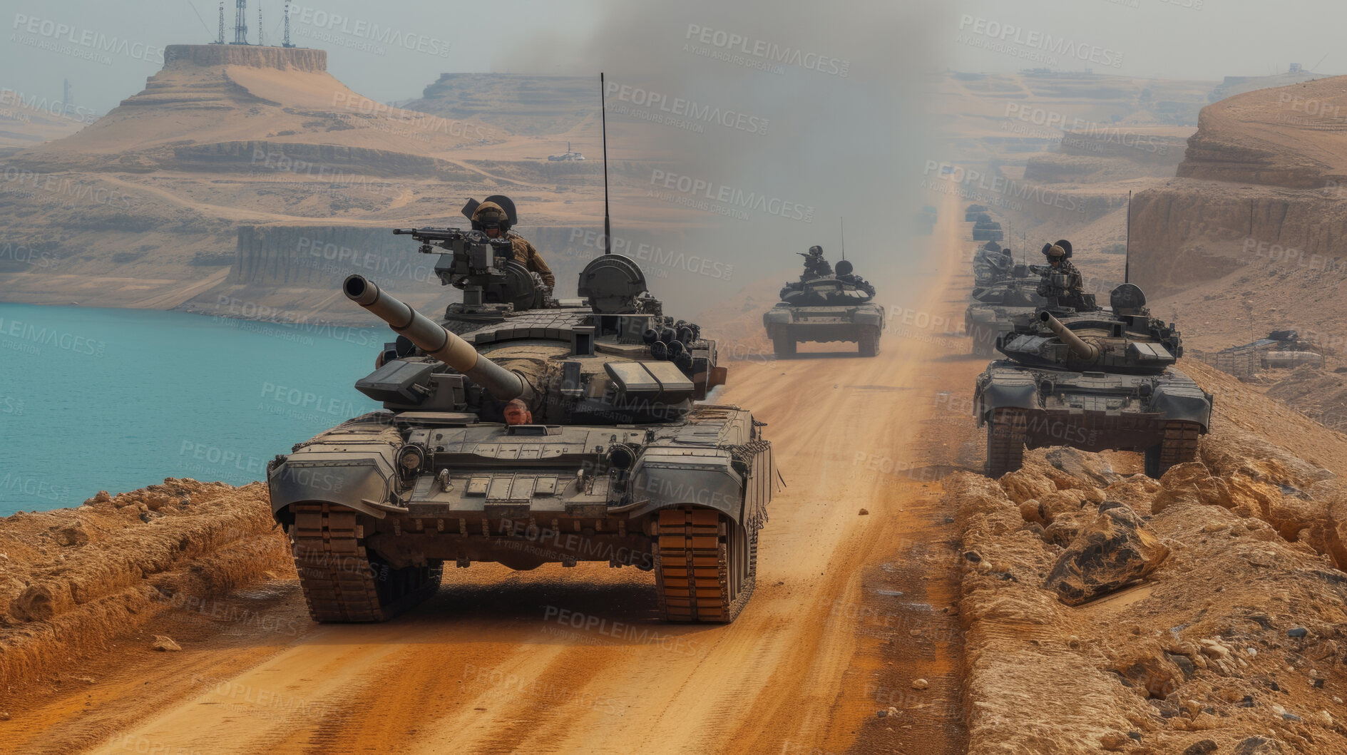 Buy stock photo Battle tanks, soldiers and military for Security, transport, and economics. Canal, safety and military for global delivery. Goods, services and stock for distribution to international market.