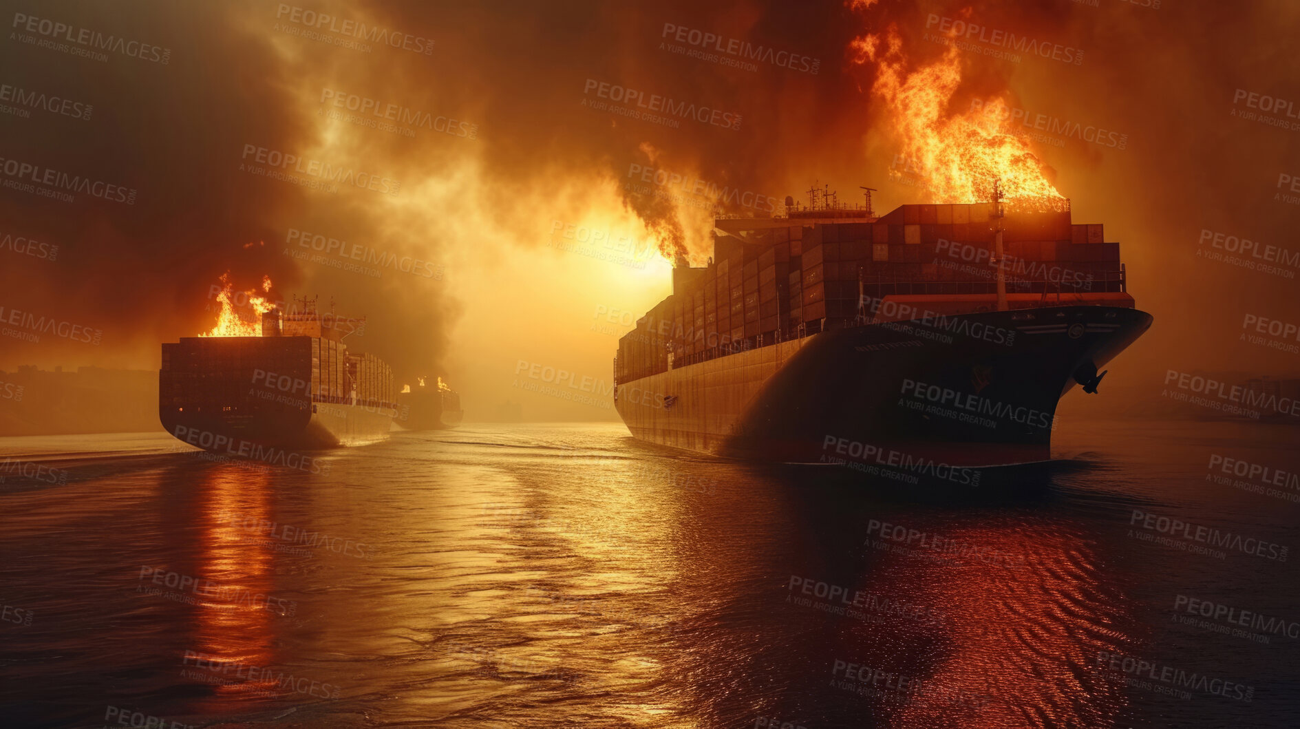 Buy stock photo Cargo ship, burning and container for trade, transport, and economics. Freight, long journey and export for global delivery. Goods, services and stock for distribution to international market.