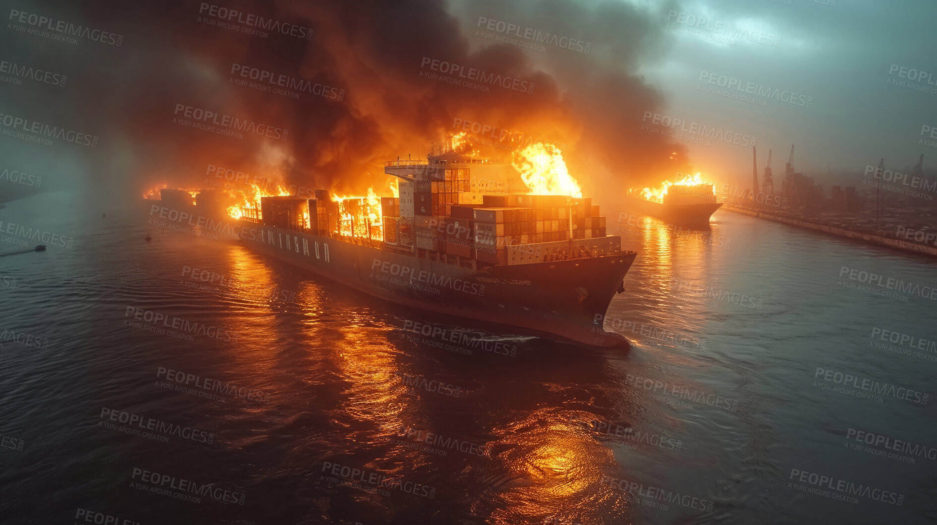 Buy stock photo Cargo ship, burning and container for trade, transport, and economics. Freight, long journey and export for global delivery. Goods, services and stock for distribution to international market.