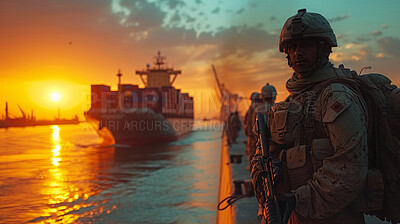 Cargo ship, soldier and Silhouette for Security, transport, and economics. Canal, safety and military for global delivery. Goods, services and stock for distribution to international market.