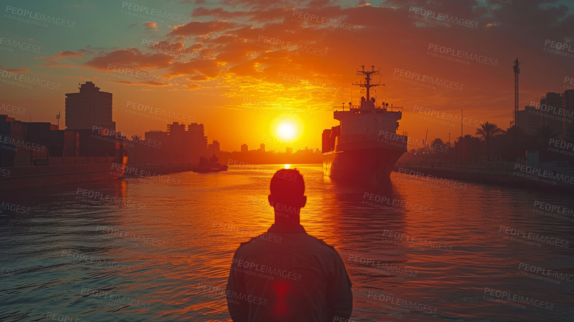 Buy stock photo Cargo ship, soldier and Silhouette for Security, transport, and economics. Canal, safety and military for global delivery. Goods, services and stock for distribution to international market.