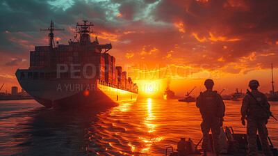 Cargo ship, soldier and Silhouette for Security, transport, and economics. Canal, safety and military for global delivery. Goods, services and stock for distribution to international market.